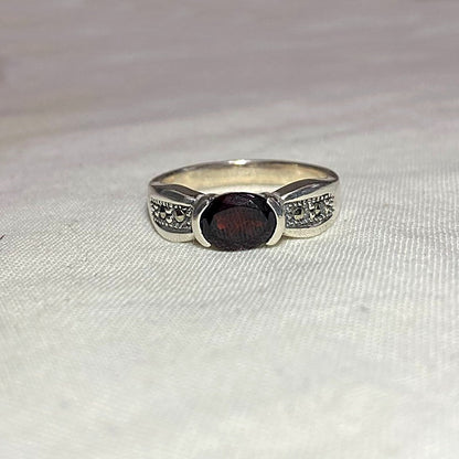 Faceted Oval Garnet & Marcasite Ring- Size 8