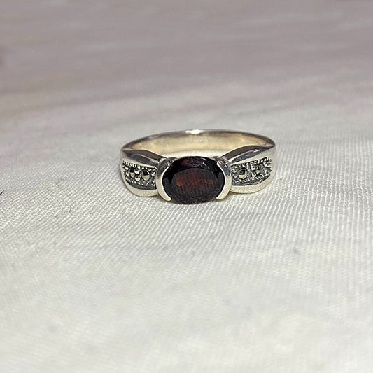 Faceted Oval Garnet & Marcasite Ring- Size 8