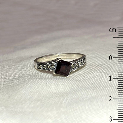 Faceted Square Garnet & Marcasite Ring- Size 8