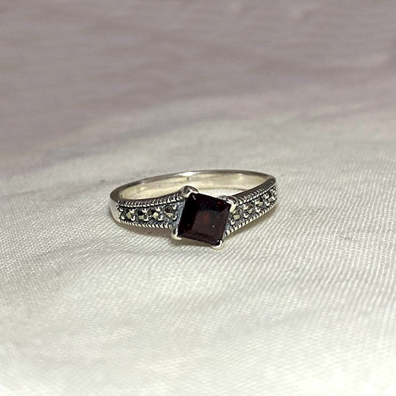 Faceted Square Garnet & Marcasite Ring- Size 8