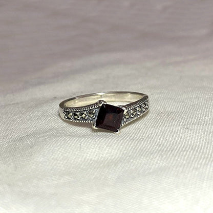 Faceted Square Garnet & Marcasite Ring- Size 8