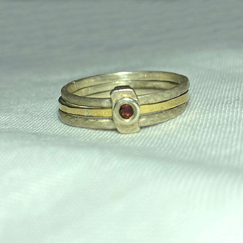 Faceted Round Garnet, Sterling Silver & Gold Ring- Size 7