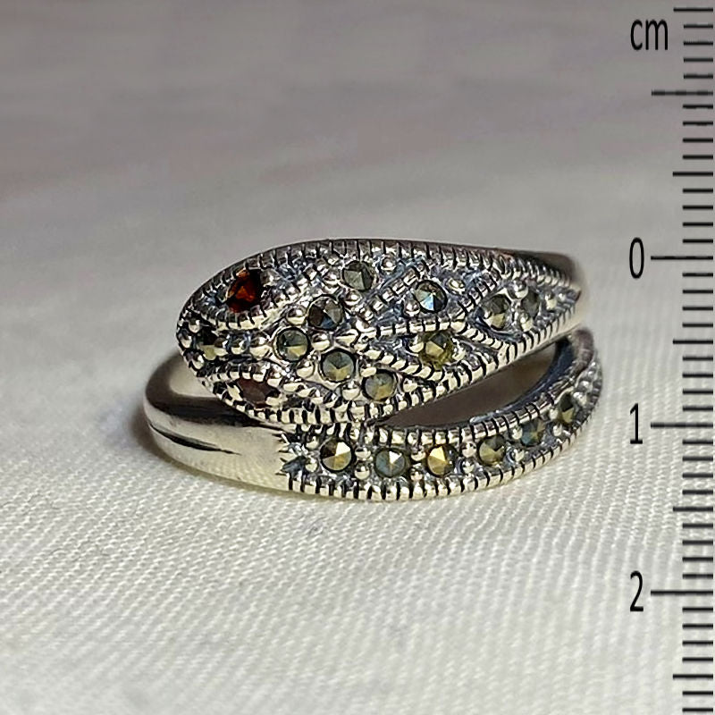 Faceted Round Garnet & Marcasite Snake Ring- Size 7