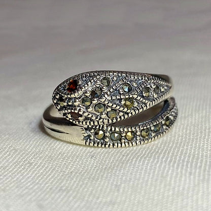 Faceted Round Garnet & Marcasite Snake Ring- Size 7