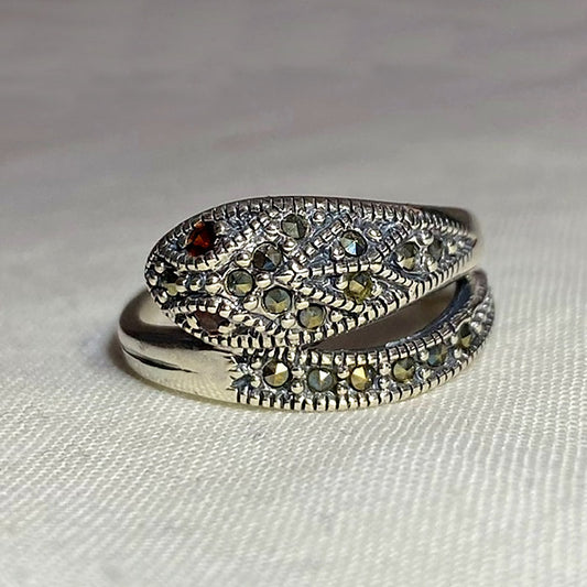 Faceted Round Garnet & Marcasite Snake Ring- Size 7