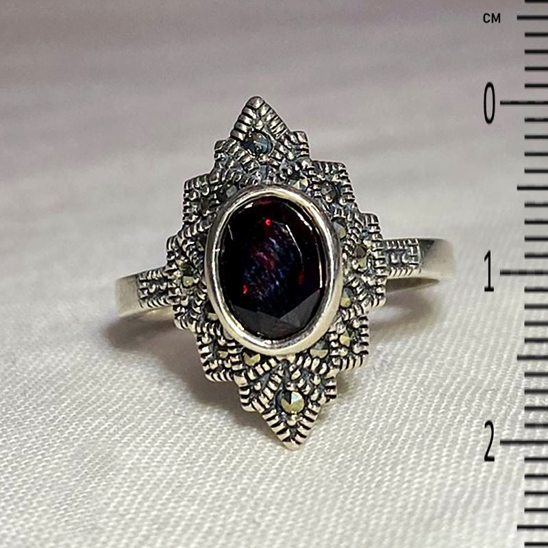 Faceted Oval Garnet & Marcasite Ring- Size 8