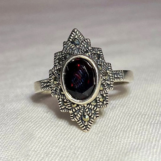 Faceted Oval Garnet & Marcasite Ring- Size 8