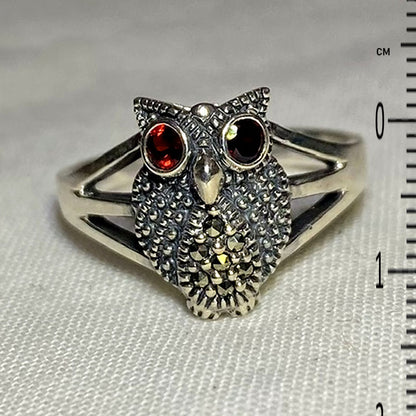 Faceted Round Garnet & Marcasite Owl Ring- Size 7.5