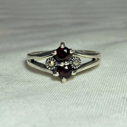 Faceted Round Garnet & Marcasite Ring- Size 8