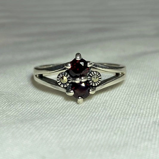 Faceted Round Garnet & Marcasite Ring- Size 8