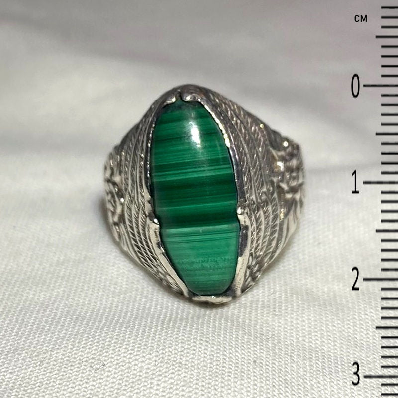 Oval Malachite Ornate Sterling Silver Ring- Size 9