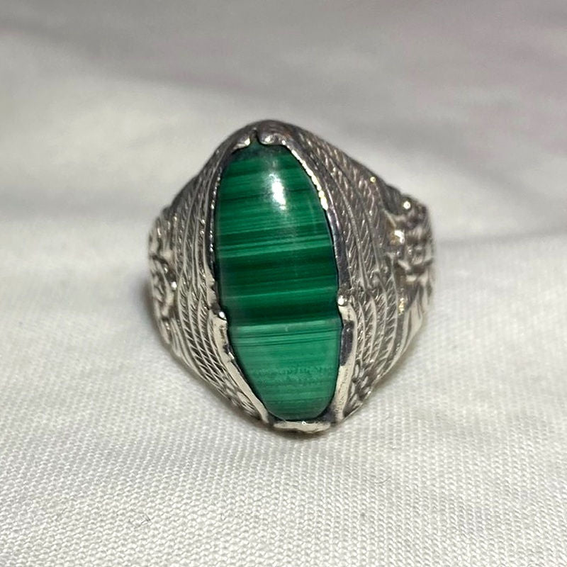 Oval Malachite Ornate Sterling Silver Ring- Size 9