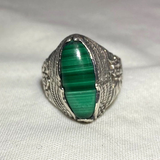 Oval Malachite Ornate Sterling Silver Ring- Size 9