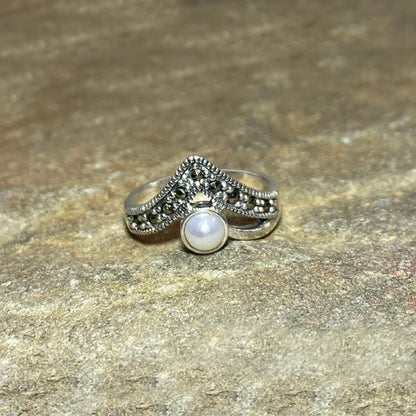 Round Pearl & Marcasite Ring- Size 8