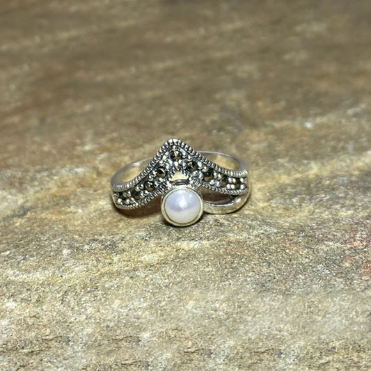 Round Pearl & Marcasite Ring- Size 8