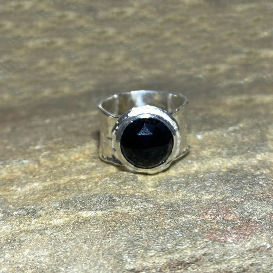 Faceted Round Black Onyx Ring- Size 8.5