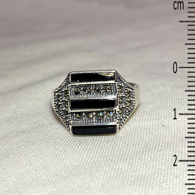 Black Onyx & Marcasite Ring- Size 7.5