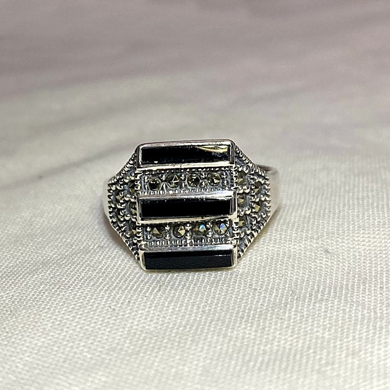 Black Onyx & Marcasite Ring- Size 7.5