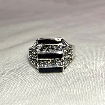 Black Onyx & Marcasite Ring- Size 7.5