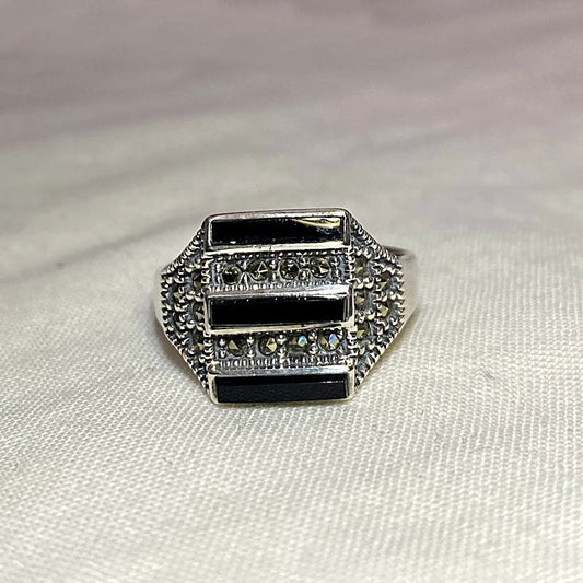 Black Onyx & Marcasite Ring- Size 7.5