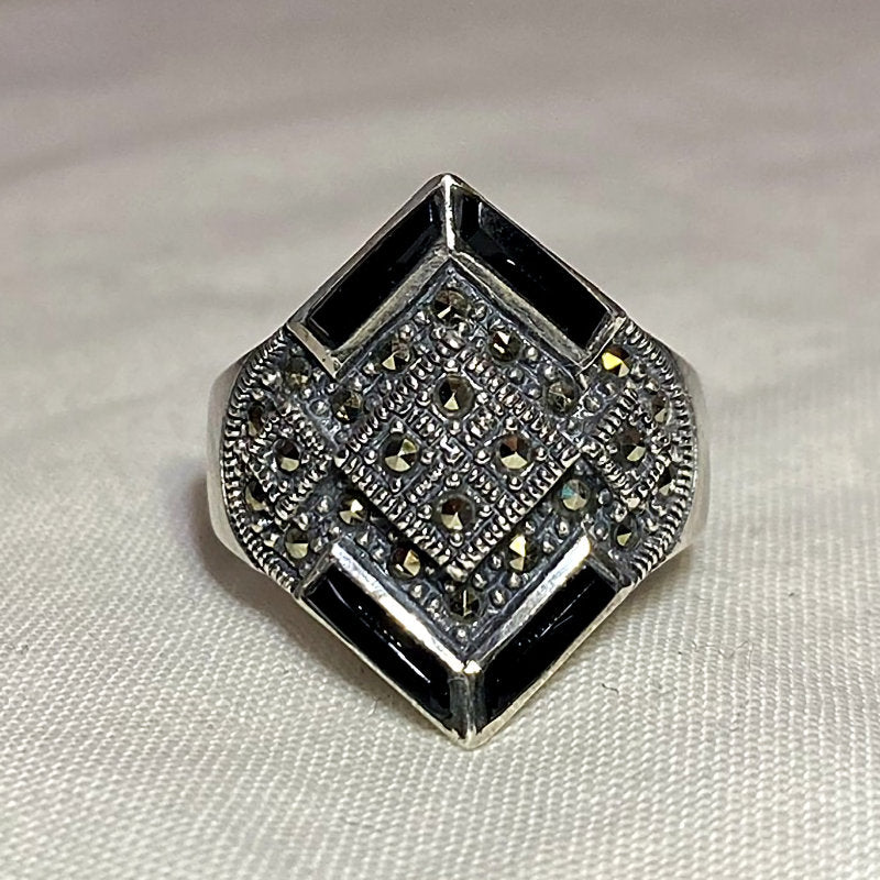 Black Onyx & Marcasite Ring- Size 8