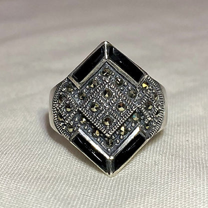 Black Onyx & Marcasite Ring- Size 8
