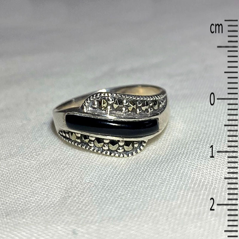 Black Onyx & Marcasite Ring- Size 8
