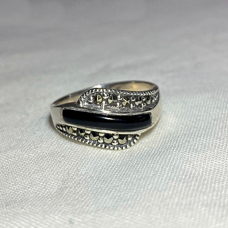 Black Onyx & Marcasite Ring- Size 8