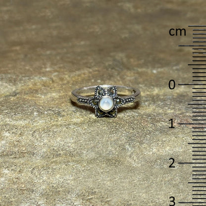 Round Pearl & Marcasite Ring- Size 7