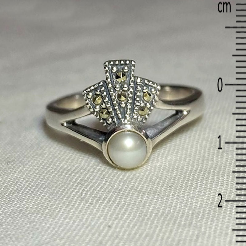 Round Pearl & Marcasite Ring- Size 7.5