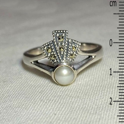 Round Pearl & Marcasite Ring- Size 7.5