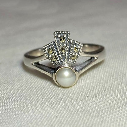 Round Pearl & Marcasite Ring- Size 7.5