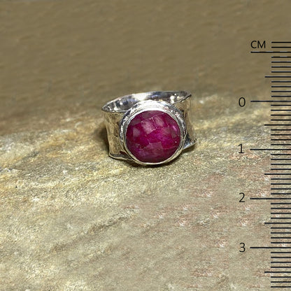 Round Faceted Ruby Ring- Size 9