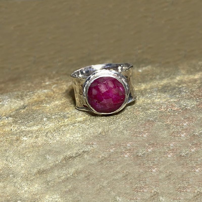 Round Faceted Ruby Ring- Size 9