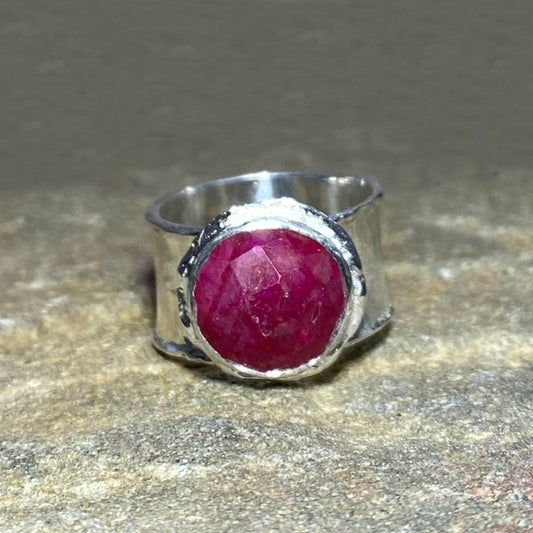 Faceted Round Ruby Ring- Size 8