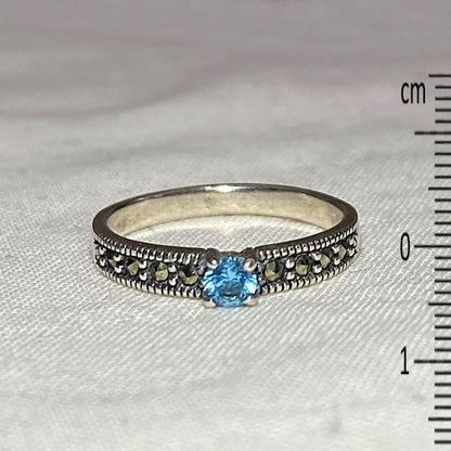 Faceted Round Blue Topaz & Marcasite Ring- Size 6