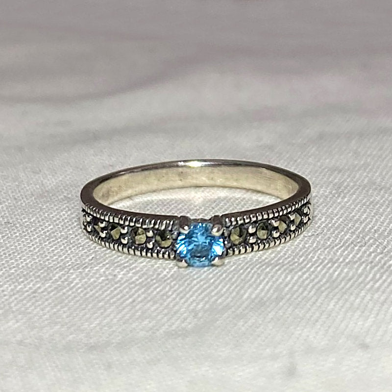 Faceted Round Blue Topaz & Marcasite Ring- Size 6