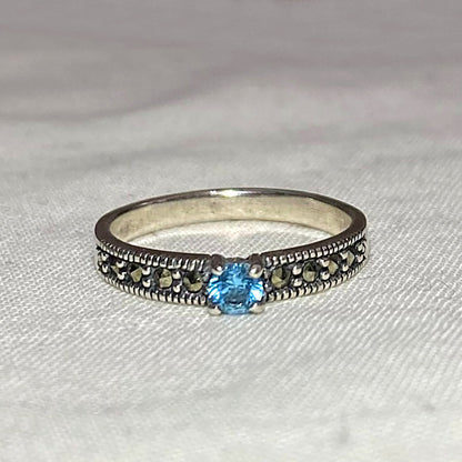 Faceted Round Blue Topaz & Marcasite Ring- Size 6