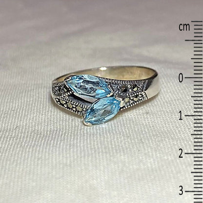 Faceted Marquese Blue Topaz & Marcasite Ring- Size 8.5