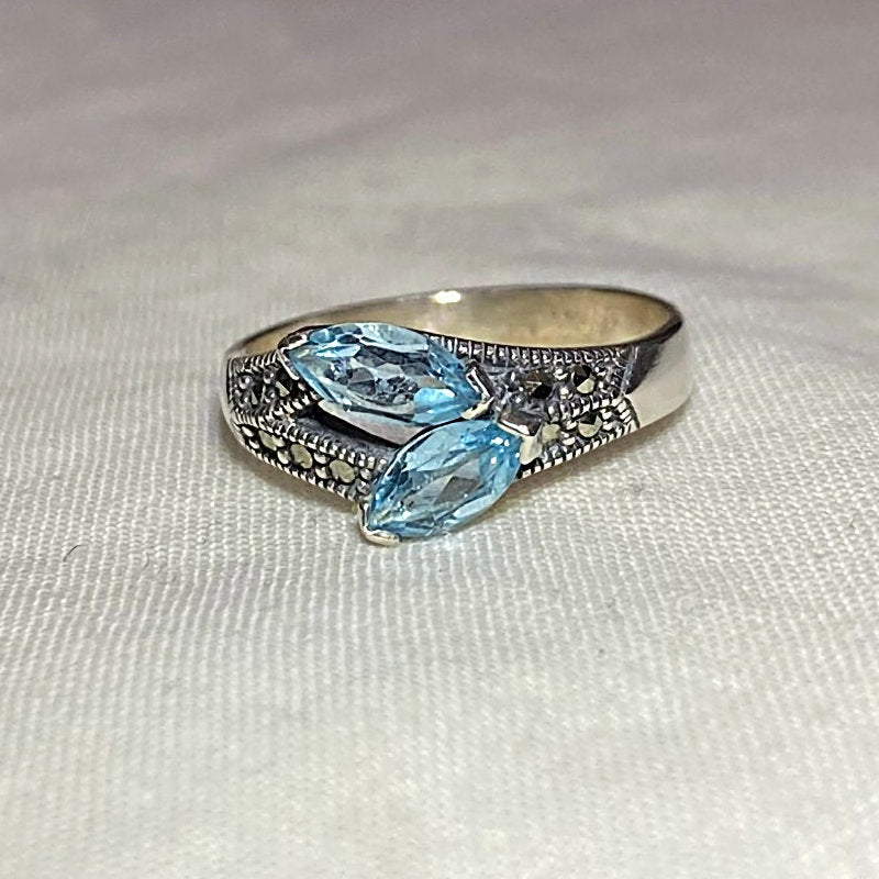 Faceted Marquese Blue Topaz & Marcasite Ring- Size 8.5