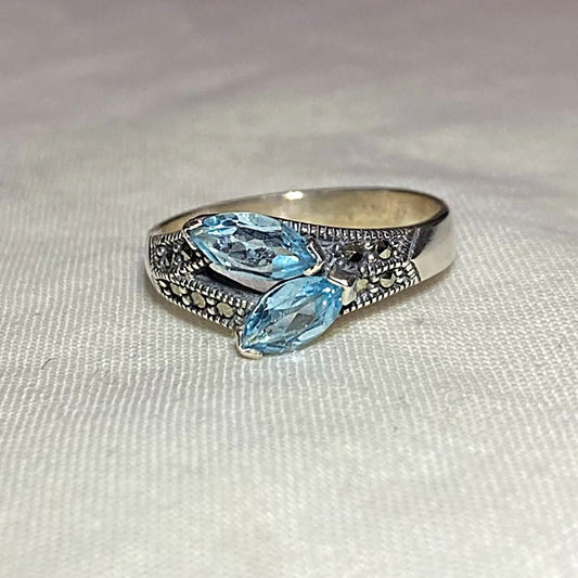 Faceted Marquese Blue Topaz & Marcasite Ring- Size 8.5