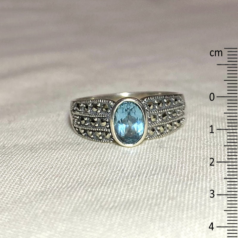 Faceted Oval Blue Topaz & Marcasite Ring- Size 8
