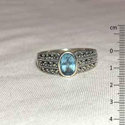 Faceted Oval Blue Topaz & Marcasite Ring- Size 8