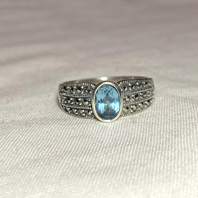 Faceted Oval Blue Topaz & Marcasite Ring- Size 8