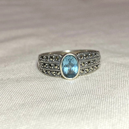 Faceted Oval Blue Topaz & Marcasite Ring- Size 8