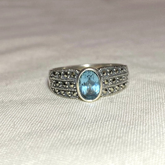 Faceted Oval Blue Topaz & Marcasite Ring- Size 8