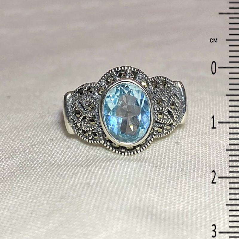 Faceted Oval Blue Topaz & Marcasite Ring- Size 7.5