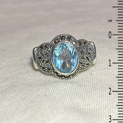 Faceted Oval Blue Topaz & Marcasite Ring- Size 7.5