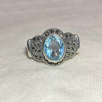 Faceted Oval Blue Topaz & Marcasite Ring- Size 7.5