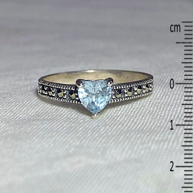 Faceted Heart Blue Topaz & Marcasite Ring- Size 7